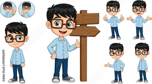 Cute cartoon ninja character set in various action poses holding katana sword and shuriken isolated on white background.