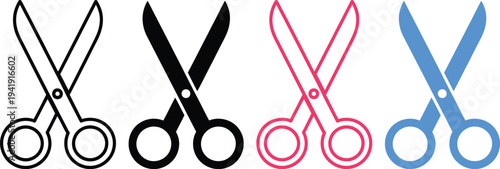 Four pairs of scissors in different colors and styles on a white background