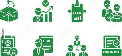 Set of modern green icons representing lean methodology principles and business process improvement concepts isolated on transparent background