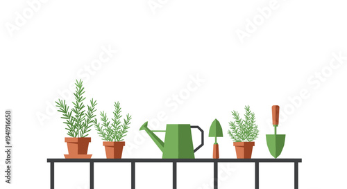 A minimalist illustration showcases a collection of gardening tools including potted plants, a watering can, and shovels neatly arranged on a dark shelf.