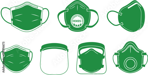 Collection of various types of protective face masks and respirators in green color isolated on transparent background