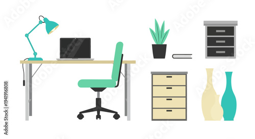 Modern minimalist office furniture set with desk, chair, lamp, and accessories