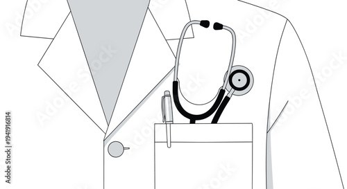 A detailed line-art illustration captures a stethoscope and a pen neatly placed within the breast pocket of a white doctor's coat, featuring subtle gray shading.
