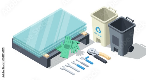 Isometric tools and recycling bins with safety gloves and glass panels