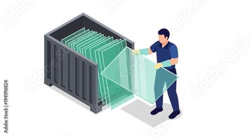 Worker handling glass panels in industrial container