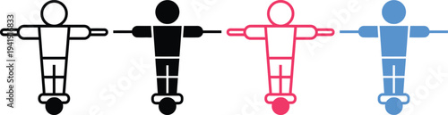 Four stylized figures in black, red, and blue colors standing in a row.