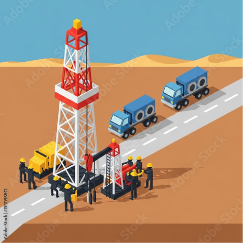 Oil Rig Workers Maintaining Equipment on Desert Road.
