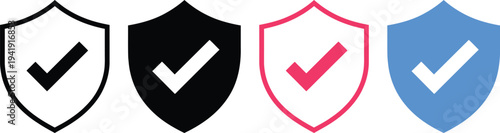 Four differently colored shields with checkmarks representing security and verification