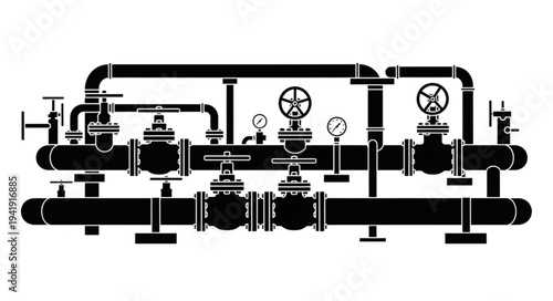 Industrial Pipeline System with Valves and Gauges.