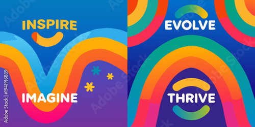 Colorful abstract design featuring inspiring words and vibrant curved shapes