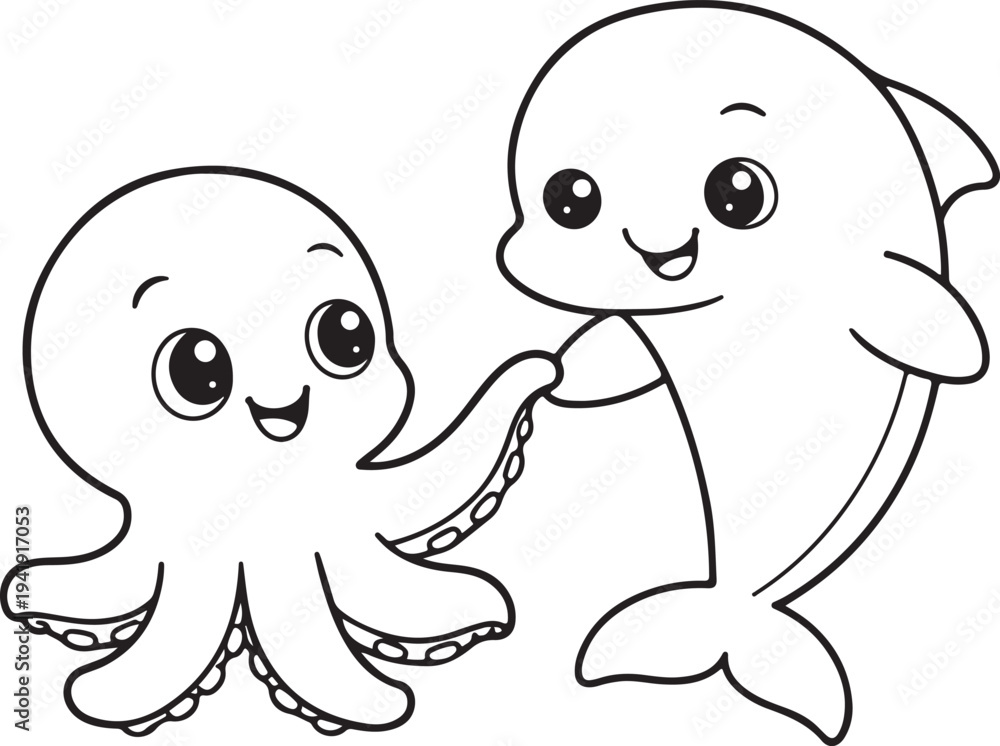 Obraz premium Cute Dolphin and Octopus Coloring Page Vector for Kids