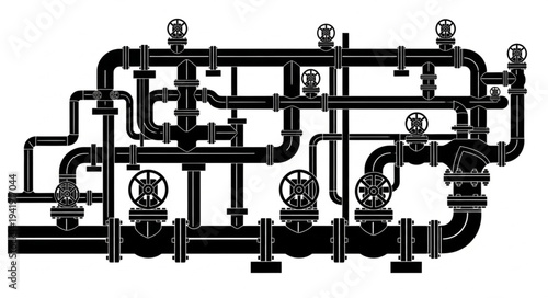 Complex industrial pipeline system with valves and gauges.