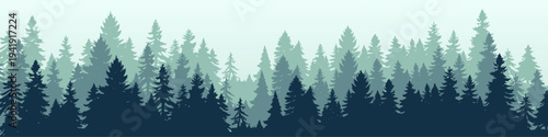 Layered pine forest landscape with misty evergreen trees creating a natural woodland background, vector illustration