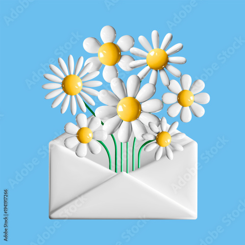 3d vector envelope with daisies, white spring flowers bouquet, plastic illustration isolated on blue background, social media graphic