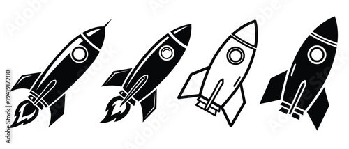 Four black and white rocket ship illustrations in various flight positions
