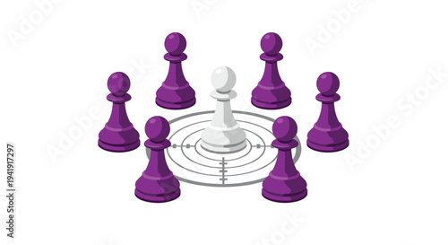 A solitary white chess pawn is positioned on a circular target graphic, surrounded by six purple pawns on a clean white backdrop.