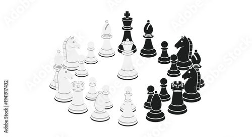 A flat illustration displays a circular arrangement of black and white chess pieces, featuring a central white queen surrounded by various pawns, rooks, knights, and bishops on a white background.