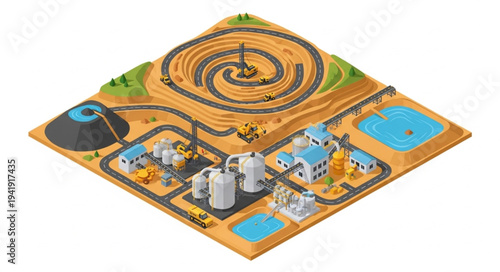 Isometric illustration of an oil refinery complex with various industrial facilities.