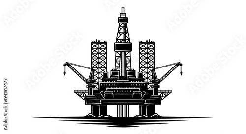 Offshore oil rig platform with derrick and cranes.