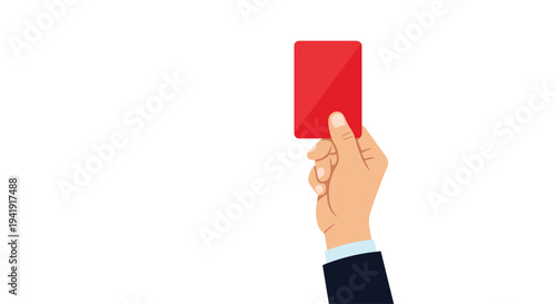 A human hand in a dark suit sleeve presents a singular vibrant red card vertically against a plain white background.