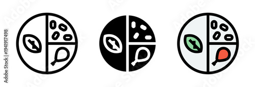 Conjunto de iconos de comida equilibrada. Plato dividido con vegetales, proteína y carbohidratos. Nutrición balanceada y alimentación saludable. Ilustración vectorial