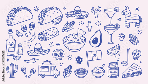 Mexican fiesta doodle collection with playful outline drawing. Taco, burrito, sombrero, cactus, maracas. Street food elements for restaurant menu design, festival posters and cultural illustrations.