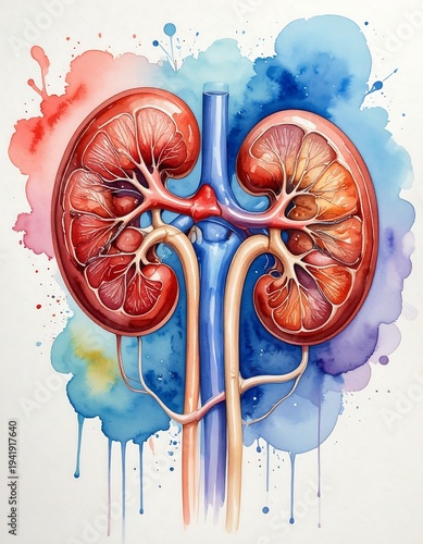 Watercolor kidneys with aorta, ureters, vibrant red, blue, purple splatters on white