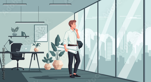 Architect Contemplating Design Plans in Modern Office with City View