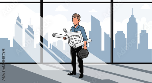 Architect Reviewing Blueprints in Modern Office with City View