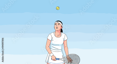 A female tennis player in a white uniform holds a racket, gazing upward at a yellow tennis ball against a light blue sky.