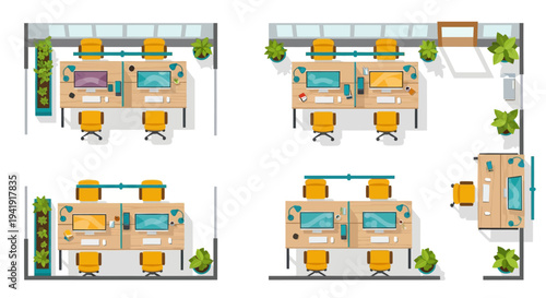 Modern office layout with desks and plants in isometric style
