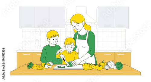 Family cooking together in minimalist style kitchen scene