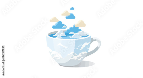 Dreamy clouds inside coffee cup with surreal sky aesthetic