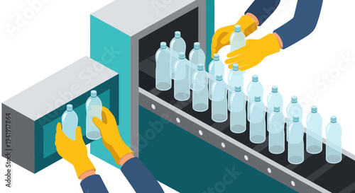 Isometric factory conveyor with plastic bottles and worker hands in gloves