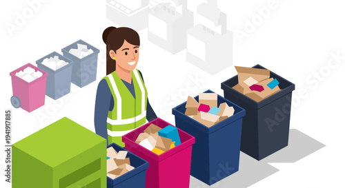 Recycling worker in reflective vest sorting colorful bins in isometric style