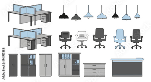 Modern office furniture set with desks, chairs, cabinets, and lighting fixtures
