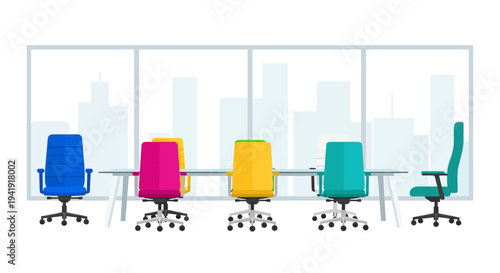 Colorful office chairs in modern conference room with city view