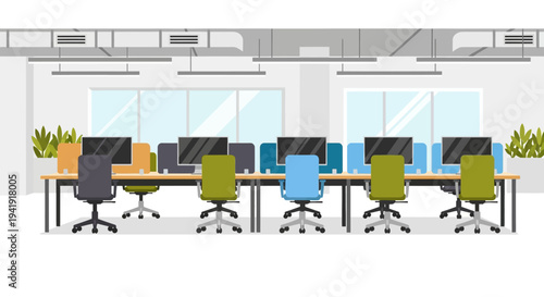 Modern office workspace with colorful chairs and computers in contemporary open plan design