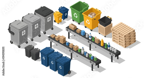 Isometric waste management icons: recycling bins and conveyor belt with containers