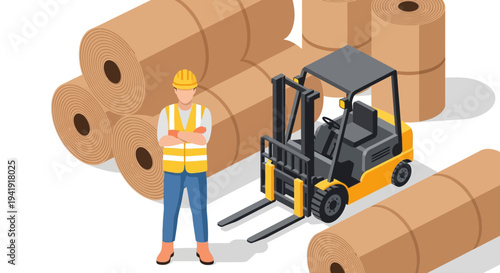 Forklift operator in warehouse with cardboard rolls and safety gear in isometric style