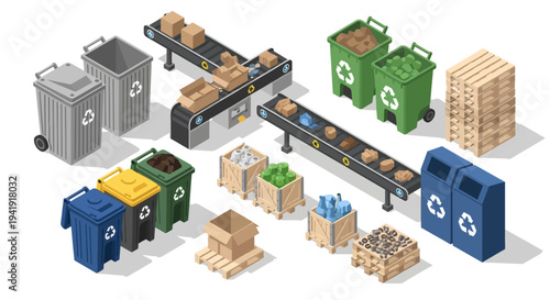 Recycling process with conveyor belt and bins in isometric style
