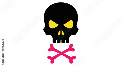 Bold minimalist skull with pink crossbones on white background
