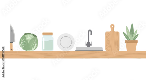 Minimalist kitchen shelf with dishware, knife, cabbage, and plant
