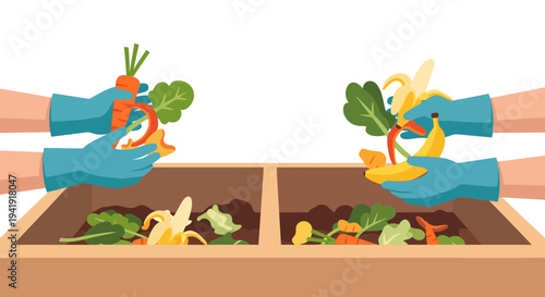 Hands wearing gloves sorting vegetables and fruit for composting in eco-friendly recycling bins