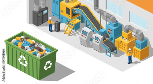 Isometric recycling factory with sorting equipment and workers in safety helmets
