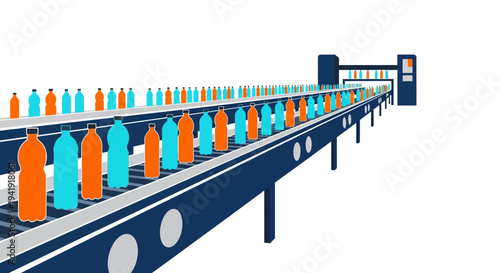 Isometric conveyor system with bright plastic bottles in motion