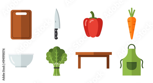 Essential kitchen items: flat design of knife, vegetables, cutting board, and apron