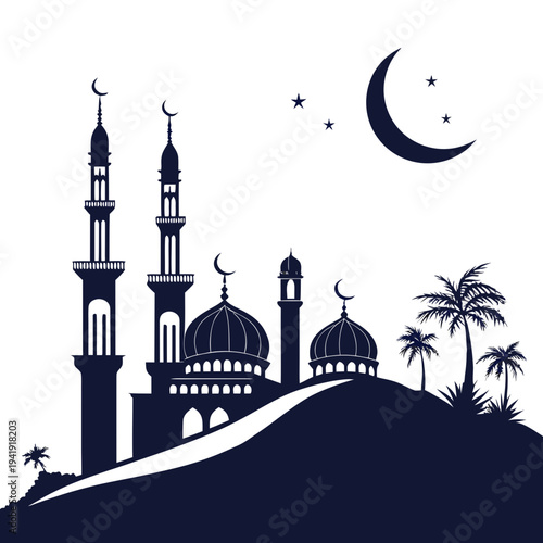 Islamic mosque silhouette with minarets domes palm trees and crescent moon
