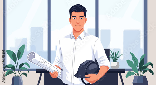 Confident Young Architect Holding Blueprints and Hard Hat in Modern Office