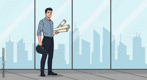 Confident Young Architect Holding Blueprints in a Modern Office Building